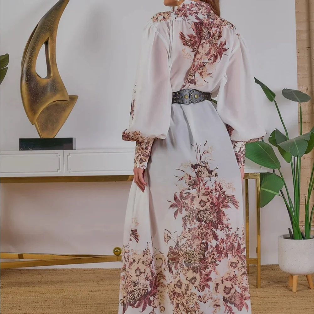 Itoo Italy Floral Maxi Shirt Dress Sheer Long Sleeve Belted Size Large - Picture 2 of 11